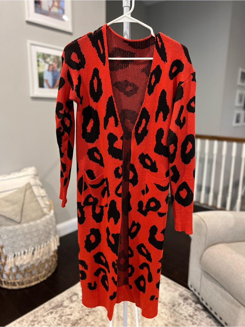 Red Leopard-Print Open-Front Long Cardigan - S/M